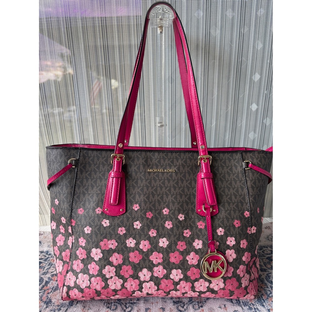 Michael Kors Voyager Medium Tote Brown Pink Floral Signature Bag 30S8GV6T2V